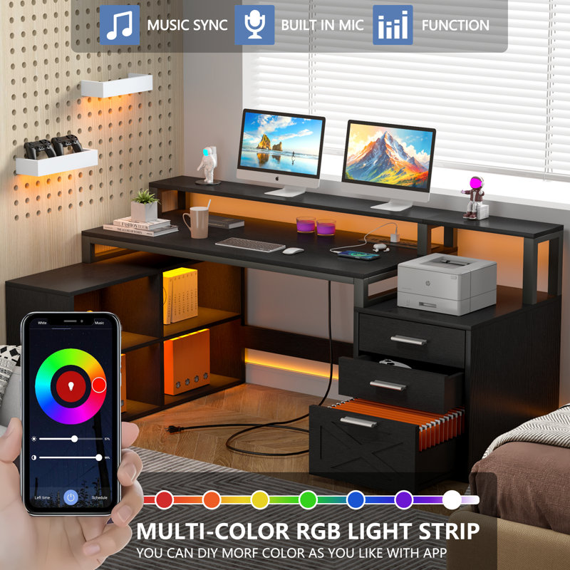 Ravleen 66'' W L-Shaped Computer Desk with Cube Shelves and Cabinet, Black
