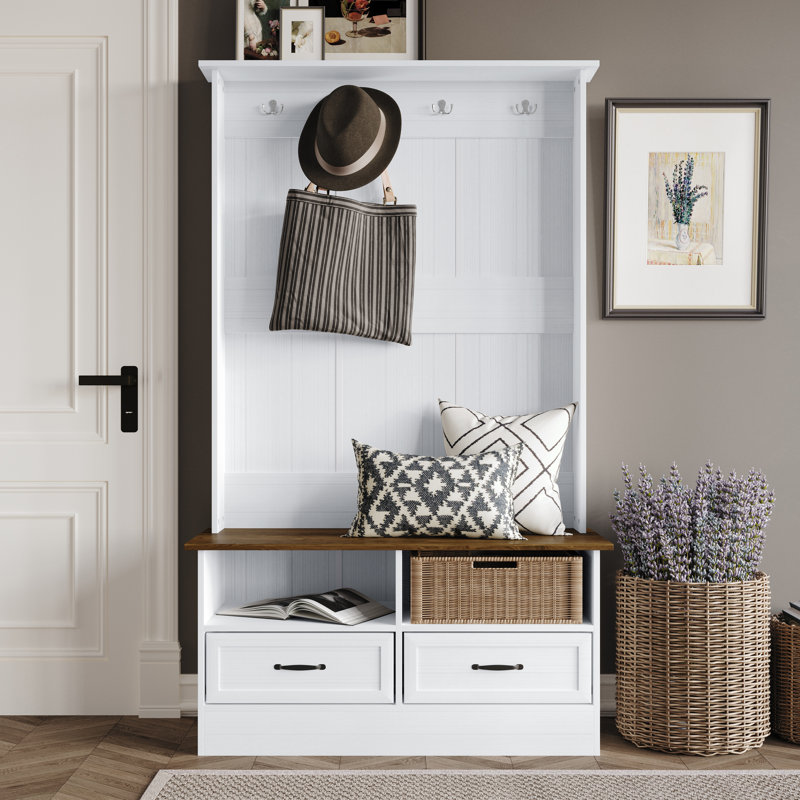 Hall Tree with Storage Cabinet In Brown, White