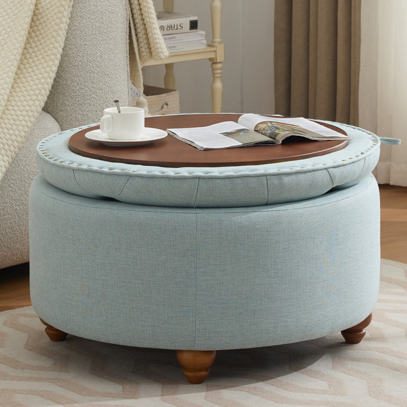 30’’ Wide Upholstered Tufted Round Storage Ottoman, Light Blue Linen