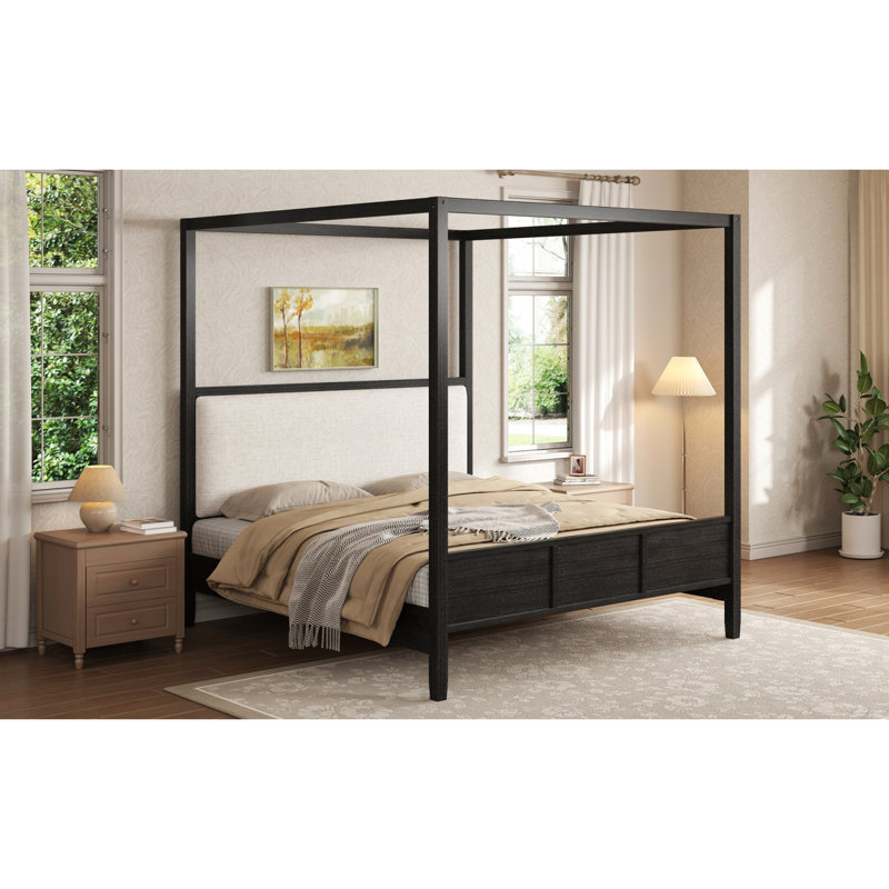 Grand lit plateforme à baldaquin en bois avec tête de lit tapissier, sans sommier, noir (ETA: 6/5), Queen, Black
