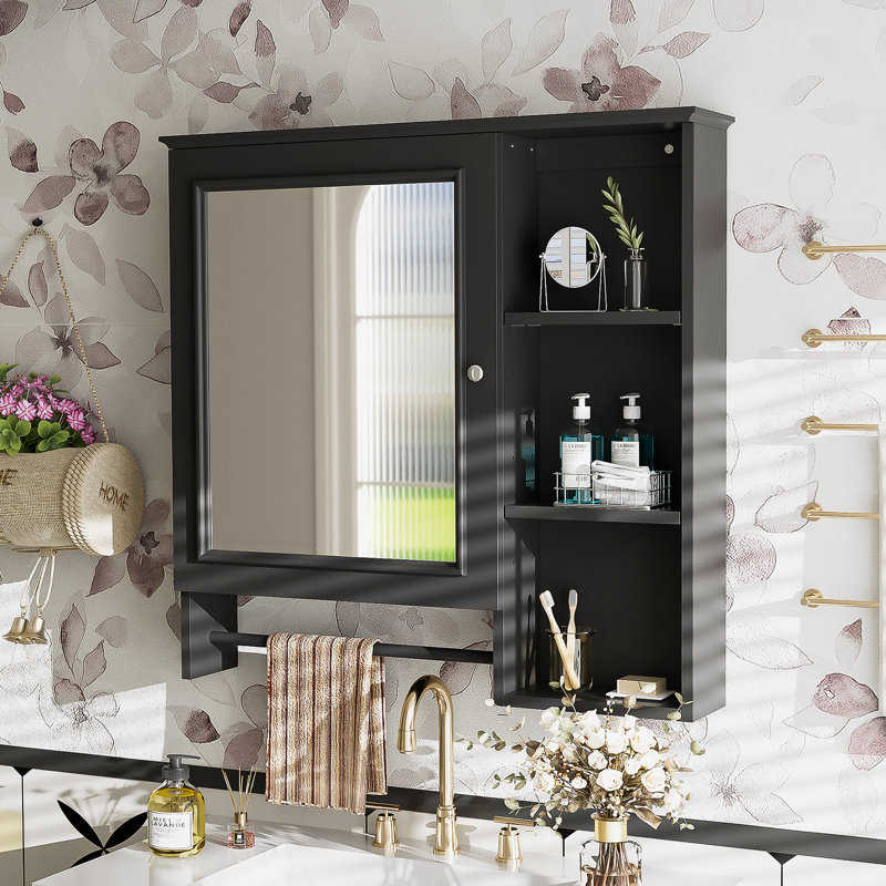 Armoire de rangement murale de salle de bain, armoires à pharmacie avec grande porte miroir, Noir