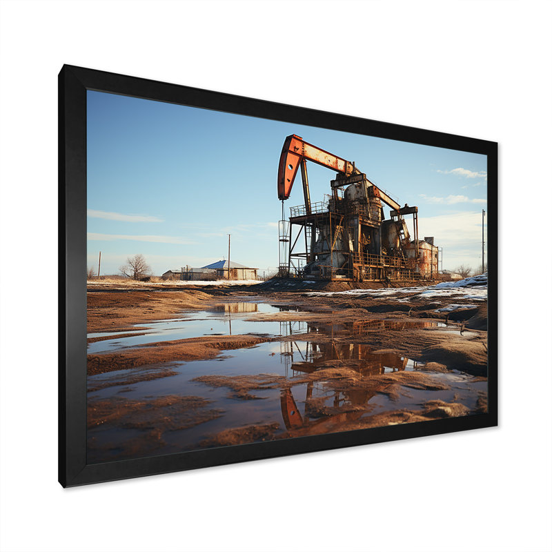 «Oill Drilling Rigs Field Winter Landscape», impression sur toile, H 34 po x l 44 po x P 1,5 po, Cadre simple noir