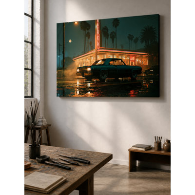 Classic Car, Photography Large Canvas Wall Art, Dark Teal and Warm Orange Hues, Retro Decor, For Living Room, Automobiles Lover Gift
