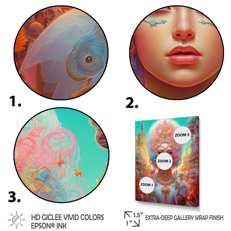 «Glorious Goddess» dans des pastels psychédéliques sur toile, Cadre simple blanc, H 44 po x l 34 po x P 1,5 po