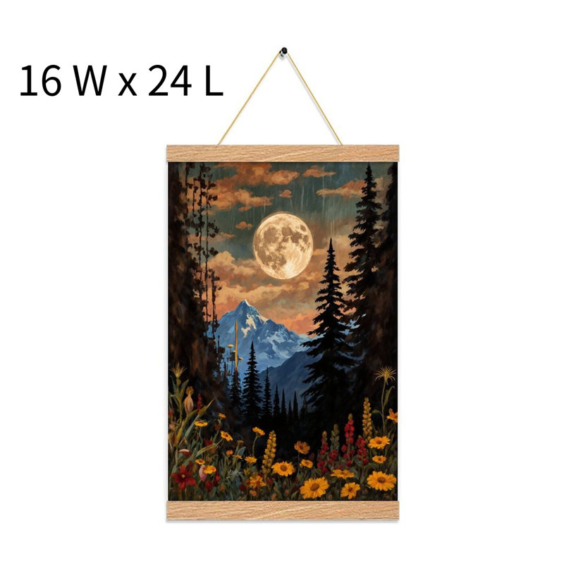 Paysage de montagne avec pleine lune, art mural volute suspendu, cintre en bois intégré, 16 x 24