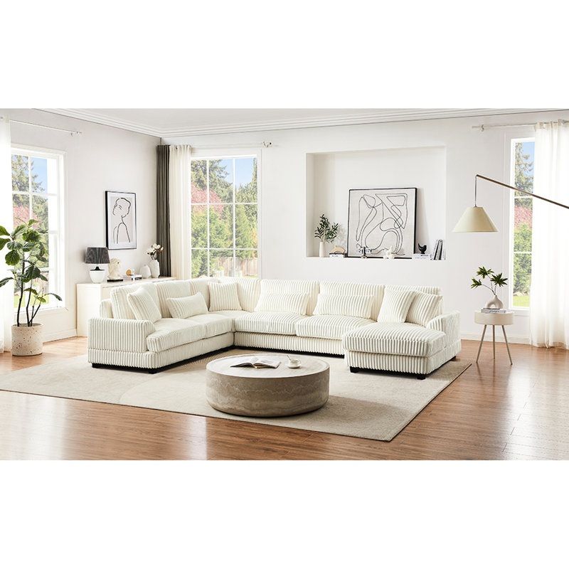 Canapé d'angle en velours côtelé beige avec méridienne pour un confort optimal, canapé en forme de U, tissu doux et coussins carrés