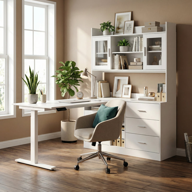 Electric Height Adjustable Corner Desk With Storage Cabinet & Glass Doors