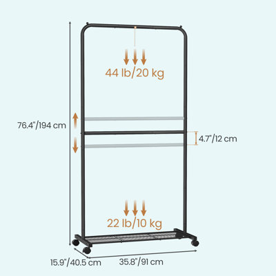 Clothes Rack With Wheels, Double-Rod Clothing Rack, Garment Rack With Storage Shelf, 2 Brakes