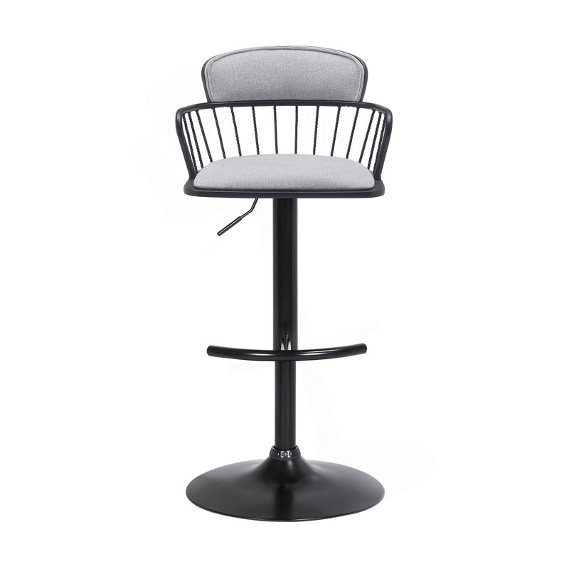 Tabouret de bar réglable en bois noir en tissu gris clair avec métal noir