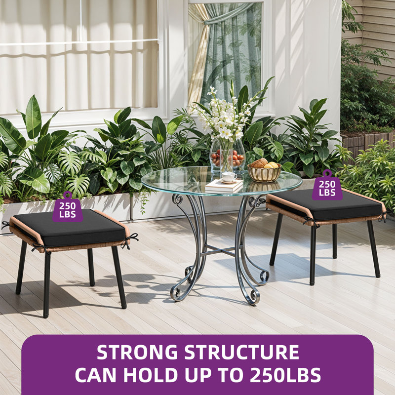 Milam Beige Rattan Outdoor Ottomans with Black Cushions, Set of 2