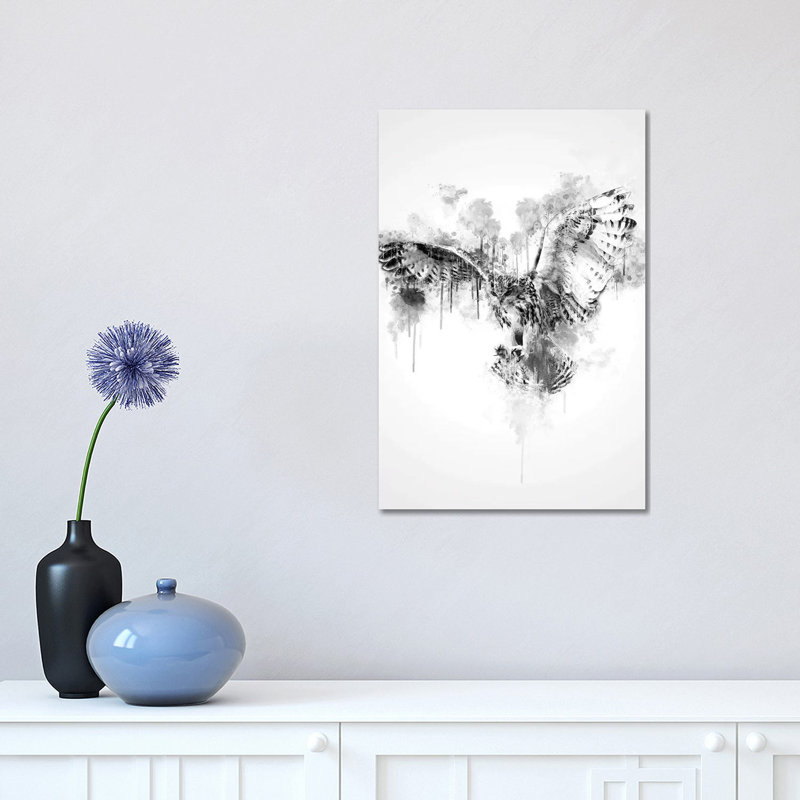 Chouette en noir et blanc par Cornélin - peinture sur toile tendue, H 18 po x l 12 po x 1,5 po