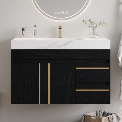 Meuble-lavabo flottant simple avec lavabo en céramique et plateau en faux marbre Lapidem