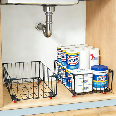 2 Pack Under Sink Metal Organizer, Large Capacity Pull Out Cabinet Storage Basket for Under Sink