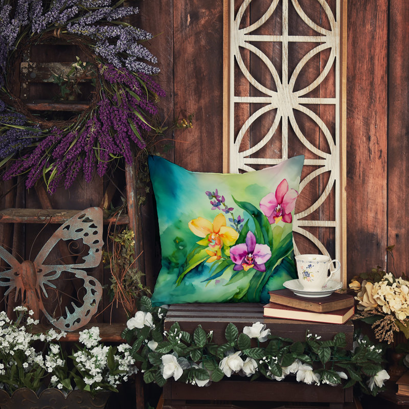 Coussin Orchidées dans l'aquarelle, H 14 po x l 14 po