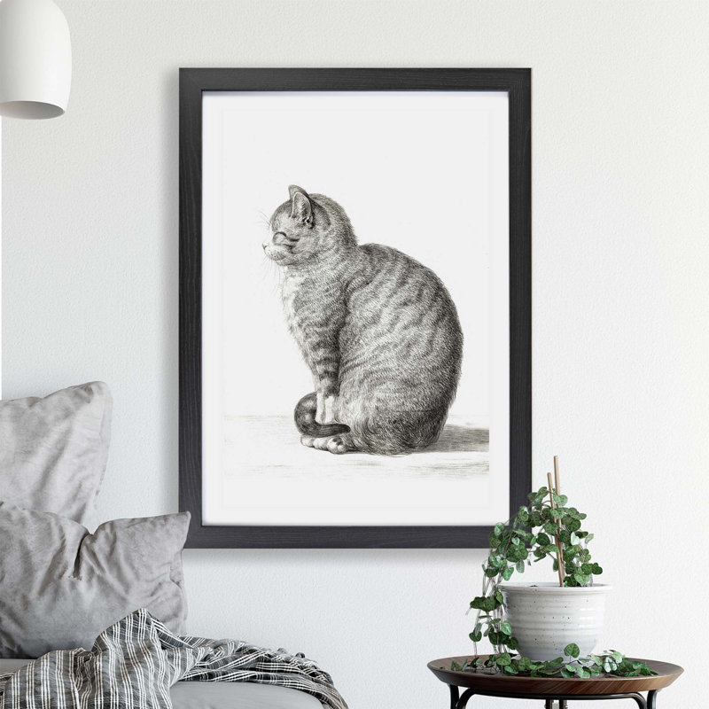 A Sitting Cat by Jean Bernard - Framed Print, 24cm H x 33cm W x 2cm D, Black Framed