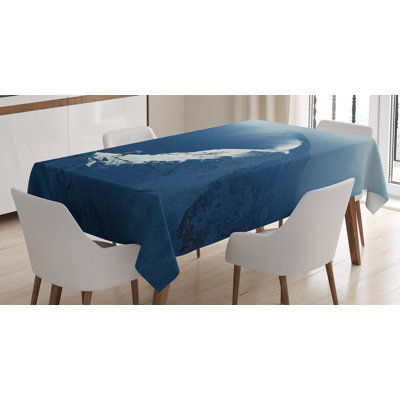 Ambesonne Nature Tablecloth, Sunny Day In The Mountains Tourist Standing On A Rock Adventurous Lifestyle, Rectangular Table Cover For Dining Room Kitchen Decor, 52" X 70", Slate Blue White