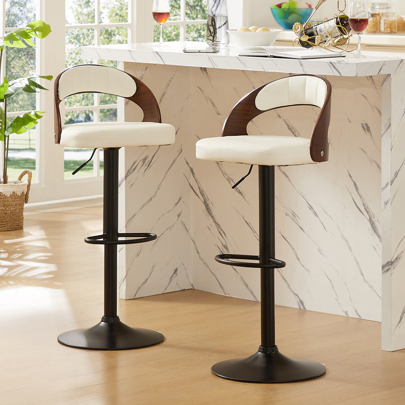  George Set of 2 Adjustable Height Bar Stools Mid-Century Modern Faux Leather Wood Chair 360° Swivel, Industrial Pedestal Base, for Kitchen, Counter, Home Bar