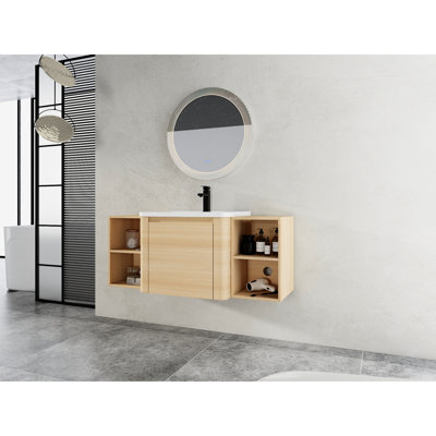 Meuble-lavabo de 48 po avec lavabo en céramique blanche, 2 tablettes de rangement, porte à fermeture en douceur, emballage Kd, contreplaqué, chêne américain - idéal pour l'organisation et le style avec ambiance