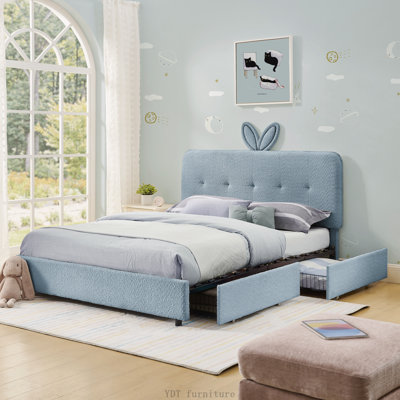 Lit simple tapissier pour enfant avec tête de lit surdimensionnée en forme de tête Boucle | Lumières DEL et 4 tiroirs de rangement, 79,5 po x 40,75 po x 41 po