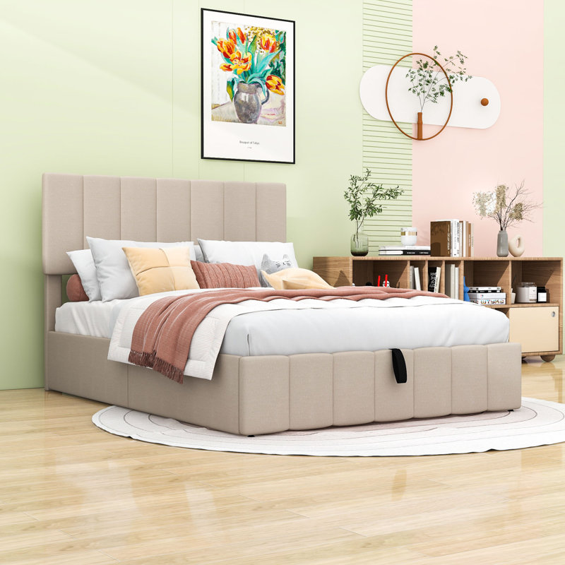 Pearce Upholstered Platform Bed with Storage, Full, Beige