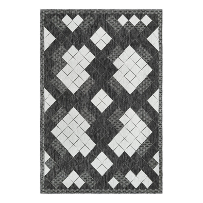 Tapis intérieur / extérieur en polypropylène géométrique tissé à la machine en noir / blanc, Rectangle 6 pi 1 po x 9 pi