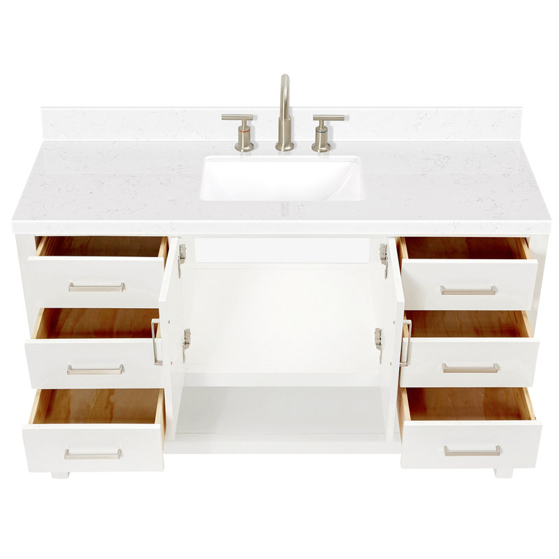 Meuble-lavabo simple 54 po avec plateau en quartz blanc Carrara et lavabo rectangulaire ARIEL Moille, Rectangular, White