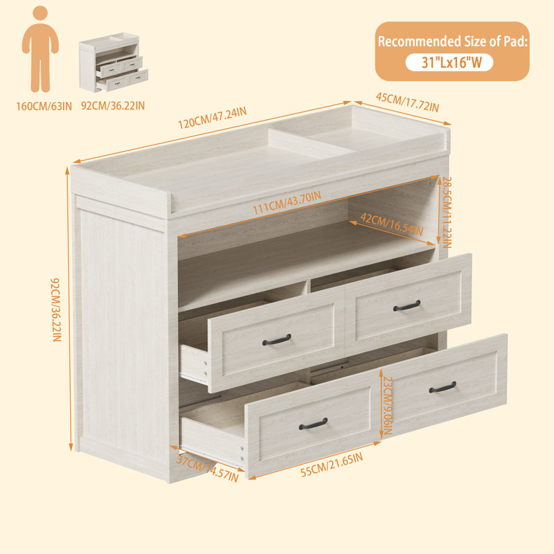 Hessle 47.2'' Solid Wood Baby Changing Table With Four Drawers And Open Storage Space