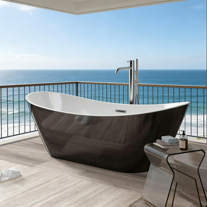 Freestanding Acrylic Soaking Tub with Pop-Up Drain & Overflow - Stand Alone Tub for Bathroom