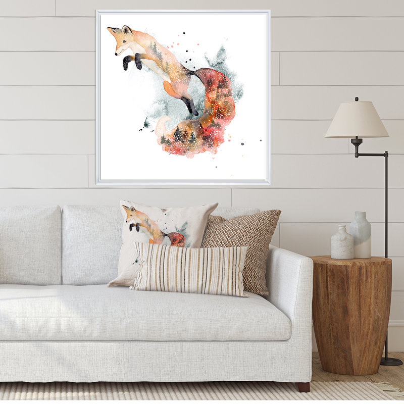Dessin de renard orange II - peinture sur toile, Cadre flottant blanc, H 36 po x l 36 po x P 1 po