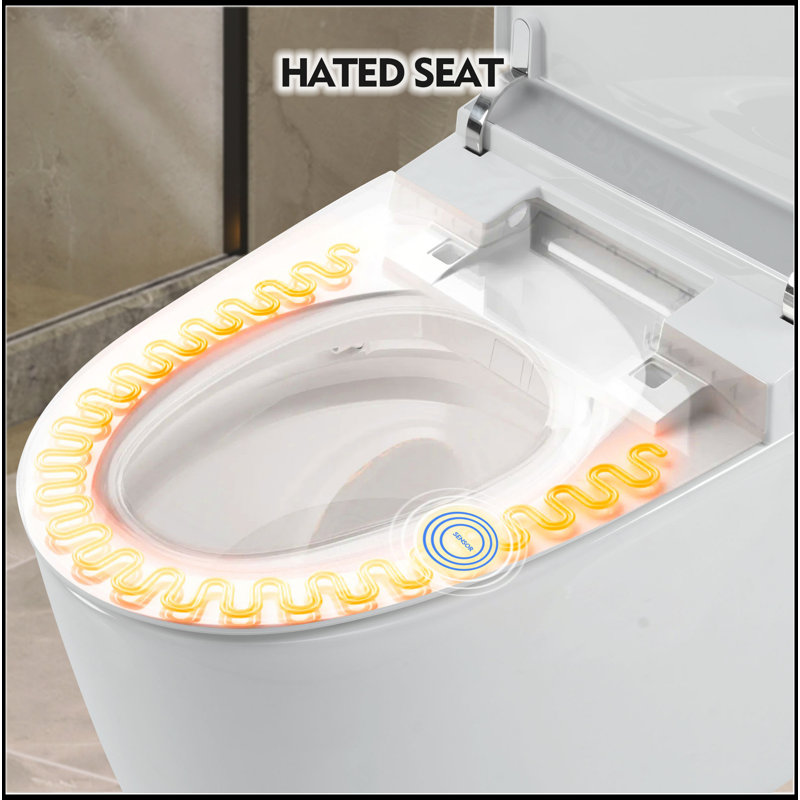 Luxury Heated Seat Smart Toilet, One Piece Toilet, Automatic Flush Tank Less Toilet Without Bidet, With Foot Sensor Flush, White Night Light, Knob Control, Power Outage Flushing, Soft Close Cover,White