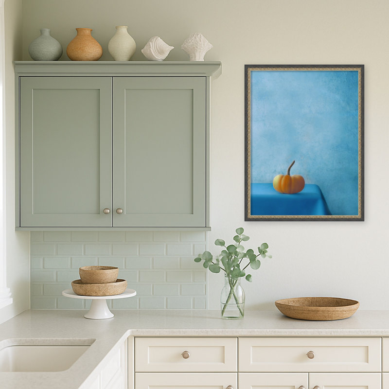 «Orange Pumpkin Blue Table» par Delphine Devos, reproduction d'art sur toile encadrée, 19 in. W x 25 in. H