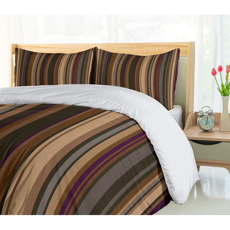 Tan and Brown Striped Queen Duvet Cover Set with Pillow Shams