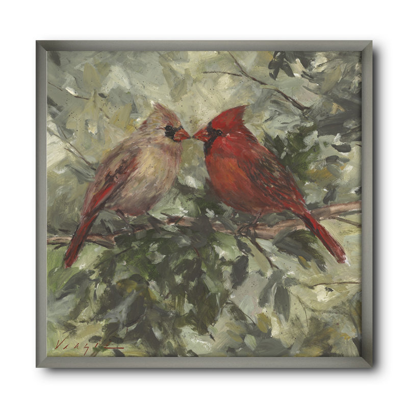 Kissing Cardinals - Reproduction de photo sur toile, H 16 po x l 16 po x P 1 po, Cadre argenté