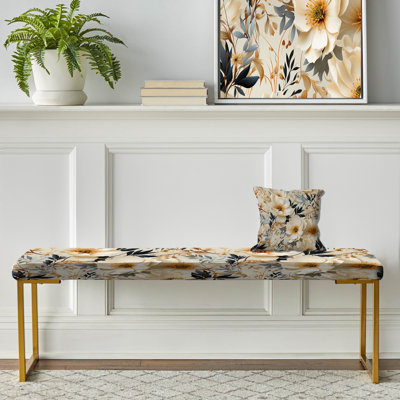 Autumn Boho Chic Poppy Blooms II - Floral Upholstered Gold Bench