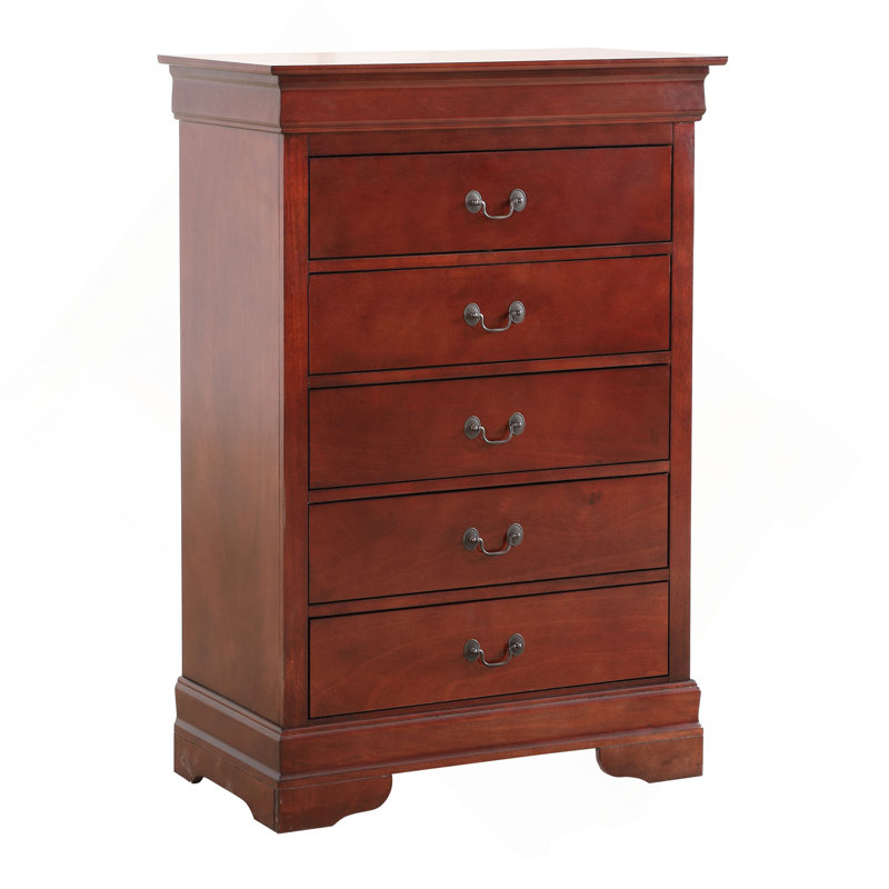 Commode verticale à 5 tiroirs avec poignées décoratives, Cerisier