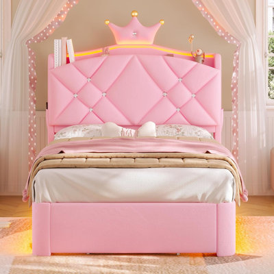 Cadre de lit simple à DEL avec tête de lit et tiroir de rangement, lit tapissier Princess avec station de charge et bouton et couronne en cristal, lit plateforme en velours pour filles, lattes en bois massif, pieds courbés, rose
