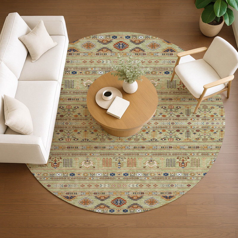Machine Washable Indoor/Outdoor Boruta ACN2244 Navajo Rug, Round 8'