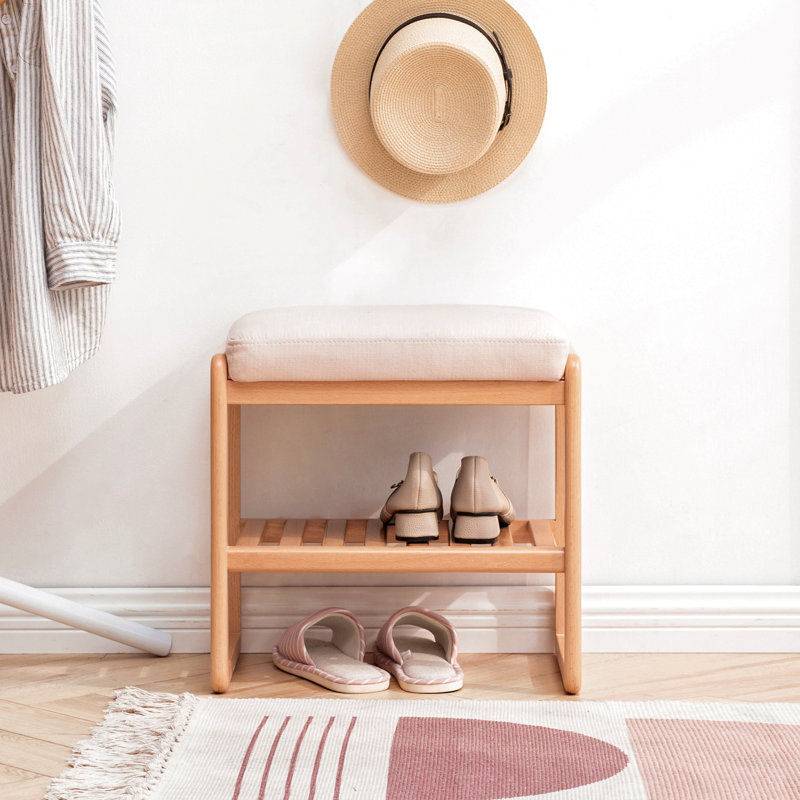 Banc à chaussures en bois massif naturel, organisateur de rangement en bois de hêtre avec coussin éponge à rebond élevé