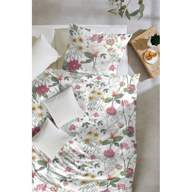 Kurie Cotton Floral Duvet Cover Set with Pillow Shams Included, White, 155 x 220 cm - 1 Pillowcase (80 x 80 cm)