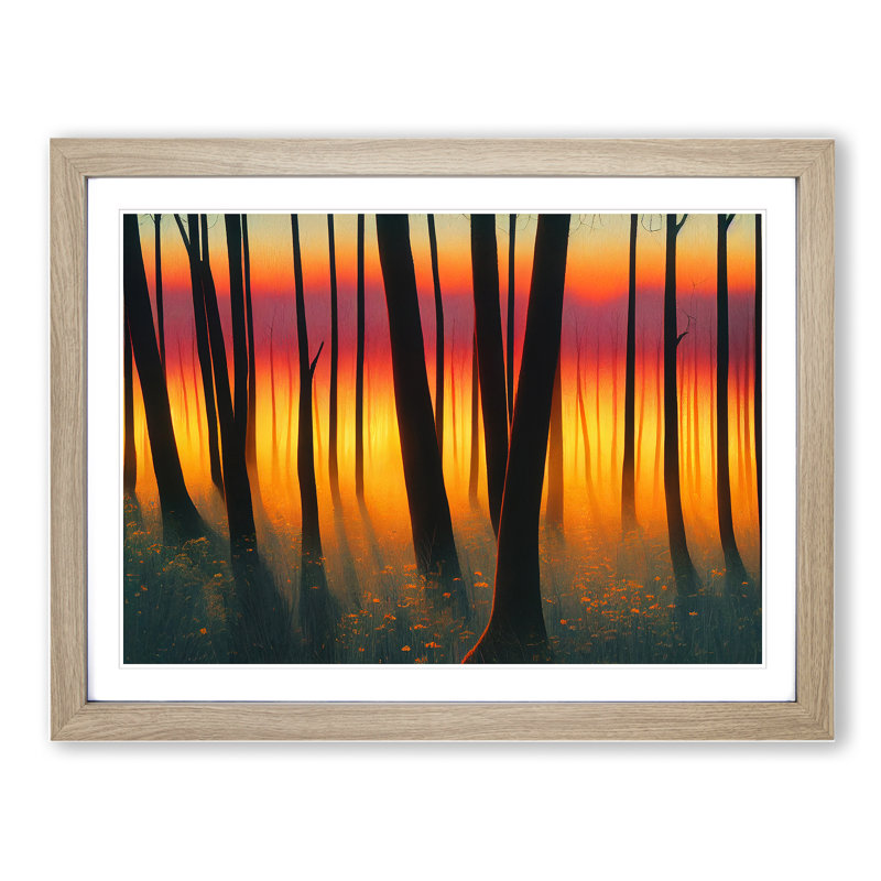 Striking Forest Sunset Vol.4 - Single Picture Frame Painting, 25cm H x 34cm W x 2cm D, Oak