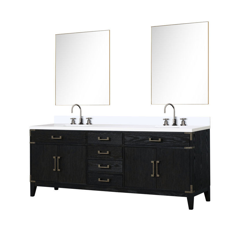 84 po X 22 - Meuble-lavabo en chêne brun - structure en bois massif avec 2 armoires, 4 tiroirs et tablette de rangement ouverte