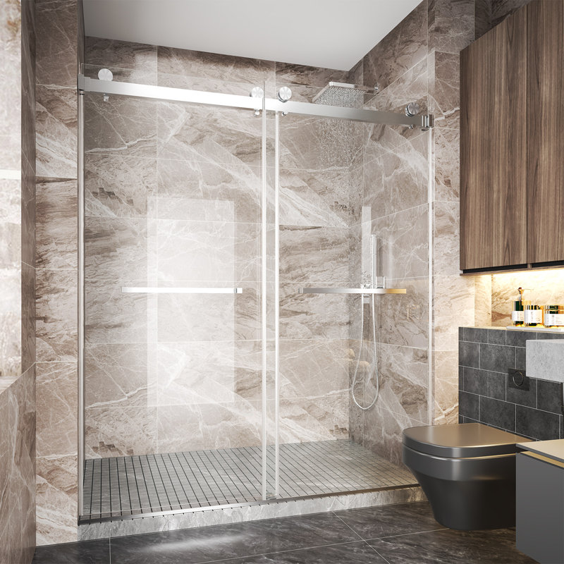Porte de douche coulissante double sans cadre de 142 à 152 cm (L) x 203 cm (H), en verre trempé transparent de 10 mm, accessoires en acier inoxydable nickel brossé