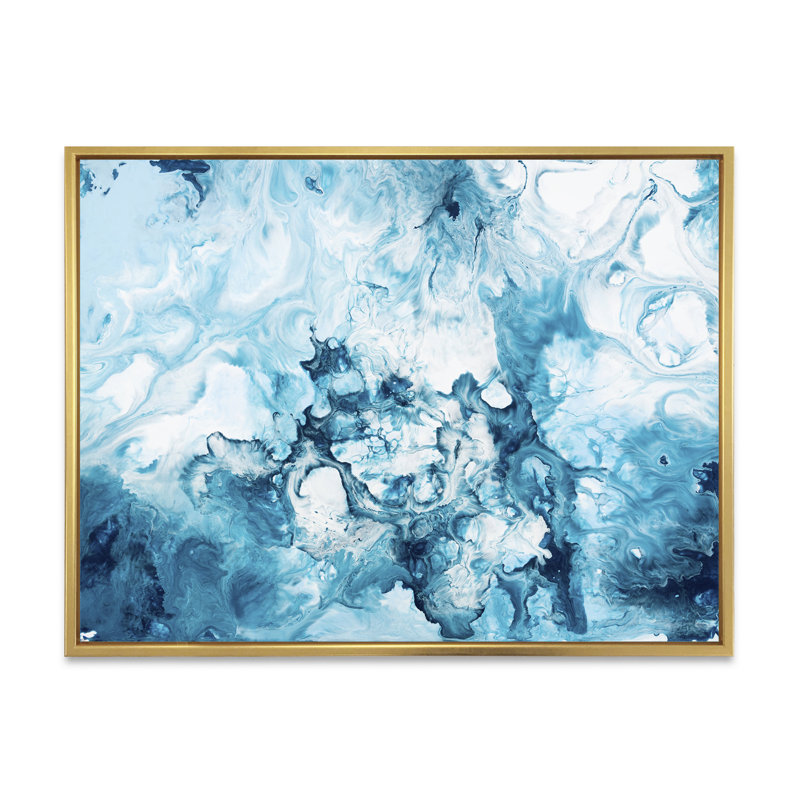 «Blue and White», peinture sur toile, Cadre flottant doré, H 16 po x l 32 po