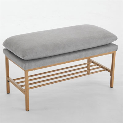 End Of Bed Bench With Shelf, Linen Upholstered Storage Shoe Bench, Modern Bedroom Bench With Metal Legs For Living Room, Entryway, Dining Room, 300 LB, Linen Color