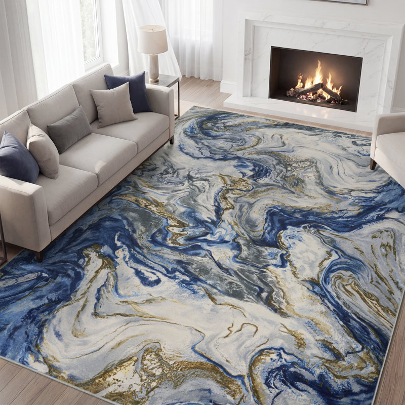 Soft Washable Contemporary Area Rug  With Non-Slip Backing In Marble Pattern, Rectangle 5' x 7', Black/Gold/Ivory/Gray