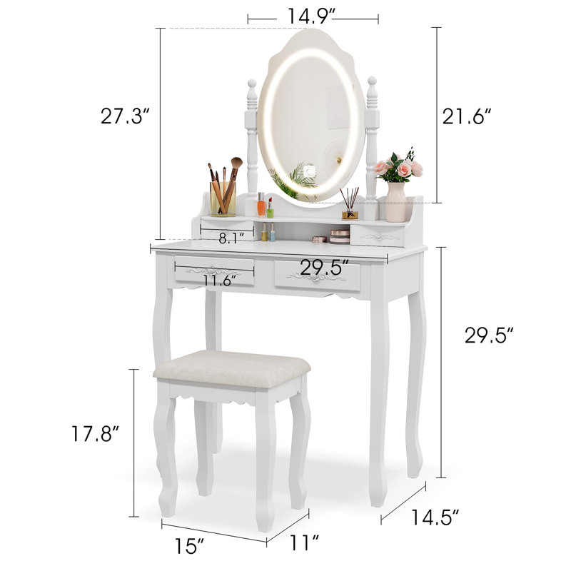 Jalea Vanity Desk with Mirror and Lights, Modern Makeup Table and Cushion Stool Set with 4 Drawers, White