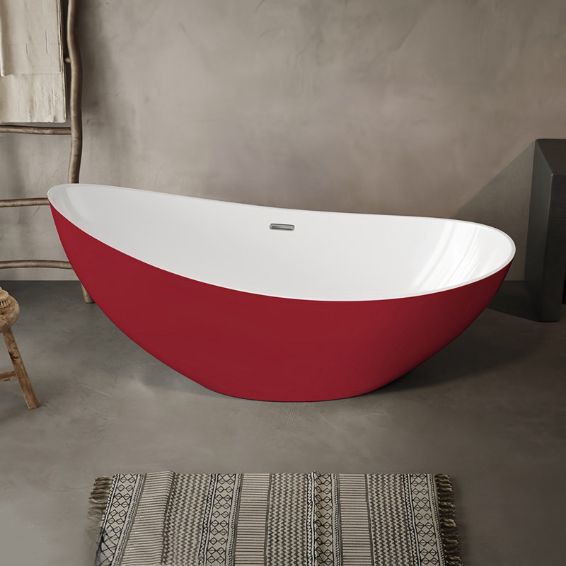 62.99'' x 31.89'' Freestanding Soaking Acrylic Bathtub, White/Red