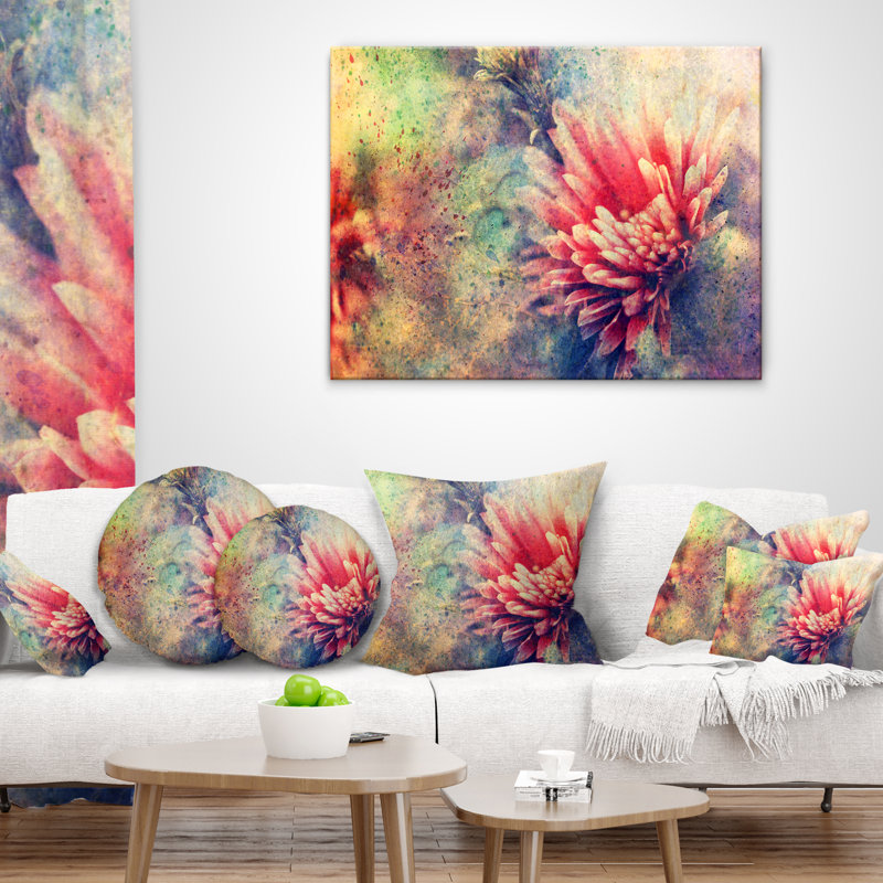 Art grunge avec fleur et éclaboussures - coussin à imprimé floral, 16 po x 1 po, Coussin décoratif