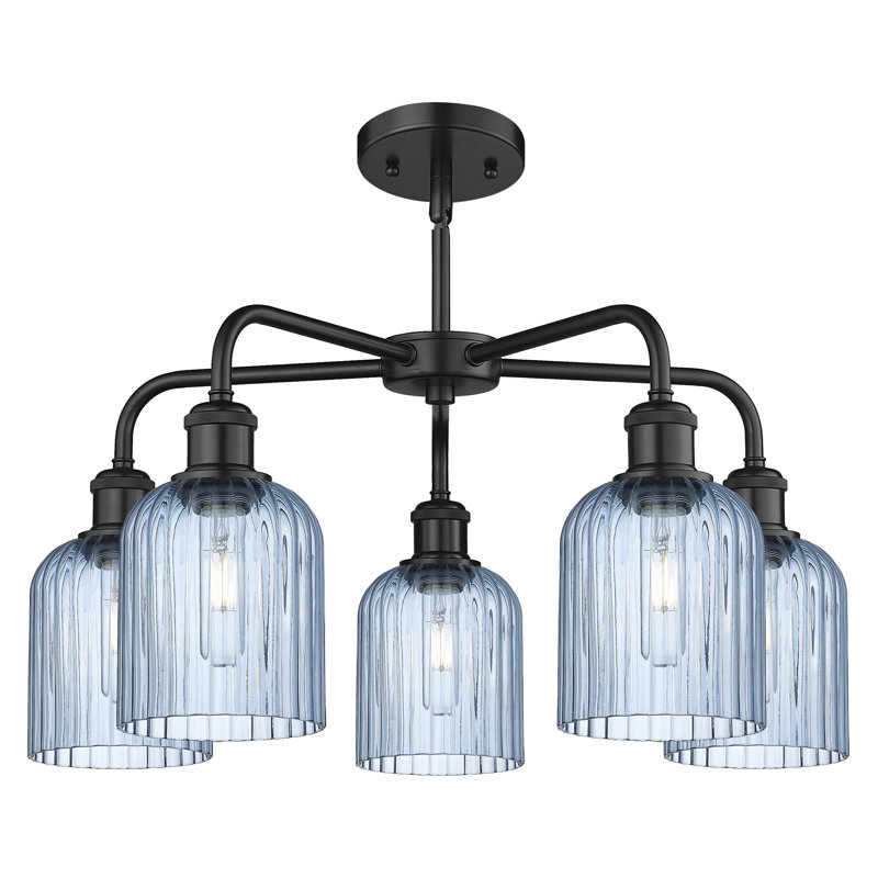 Ballston - Trig - 5 Light 23" Stem Hung Chandelier, Matte Black, Princess Blue