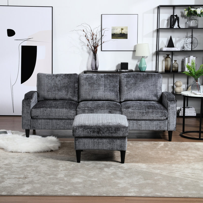 Canapé 3 sections avec rangement, tissu chenille, gris pour le salon, rangement pour porte-gobelets et poches, côté, Grey